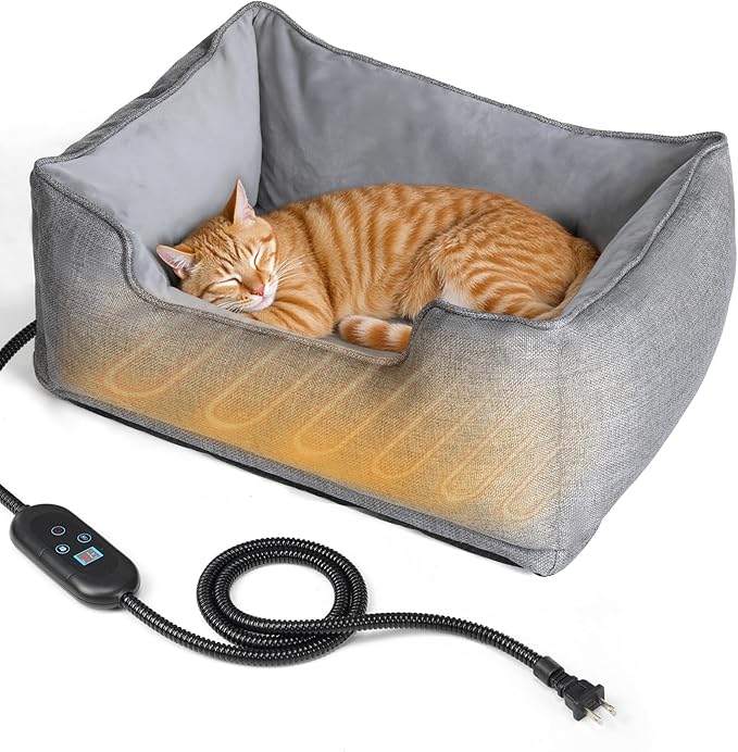 Heated Cat Bed Indoor, Heated Pet Bed with Adjustable Temperature & Timer, Pet Heating Pad for Kittens, Puppies, Dogs, Cats in Winter, UL & FCC Certified