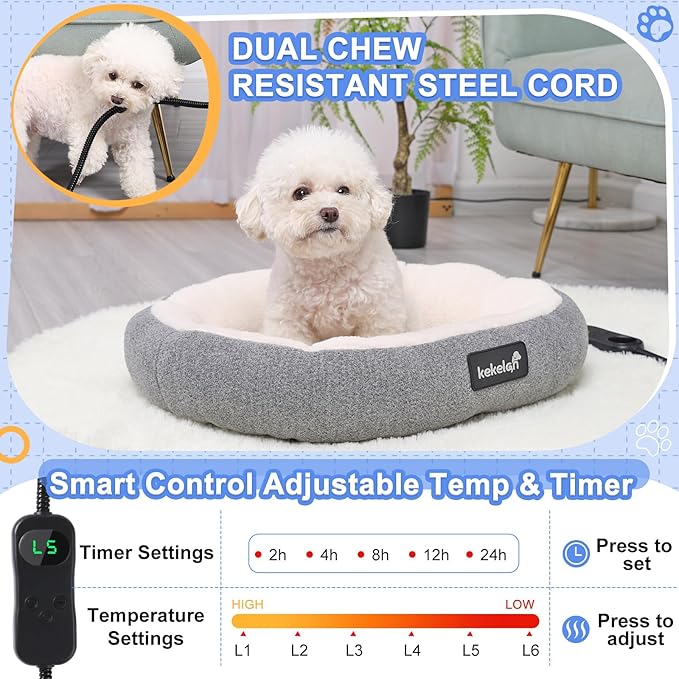 Indoor Heated Cat Bed, Heated Pet Bed for Indoor Cats Kitten Small Dogs Puppy Electric Warming Bed Heater Soft & Cozy Pet Heating Pad with Timer and Temp Adjustable Machine Washable-Oval Gray