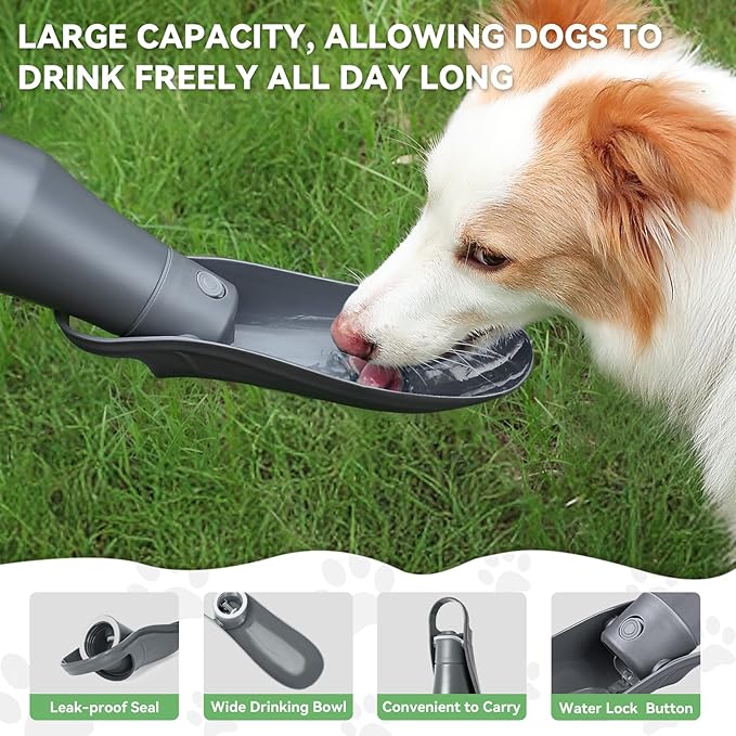 27 OZ Dog Water Bottle Portable Stainless Steel Convenient Pet Water Dispenser, Leak Proof Puppy Travel Water Bowl for Dog Outdoor Walking, Hiking, Perfect Size for All Dog Breeds, Whole Grey