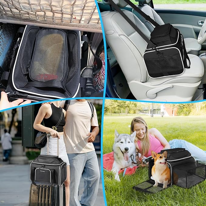Petskd Top and Side Expandable Pet Carrier 18x11x11 Inches Delta United Airline Approved, Soft-Sided Carrier for Small Cats and Dogs with Locking Safety Zippers and Anti-Scratch Mesh(Black)