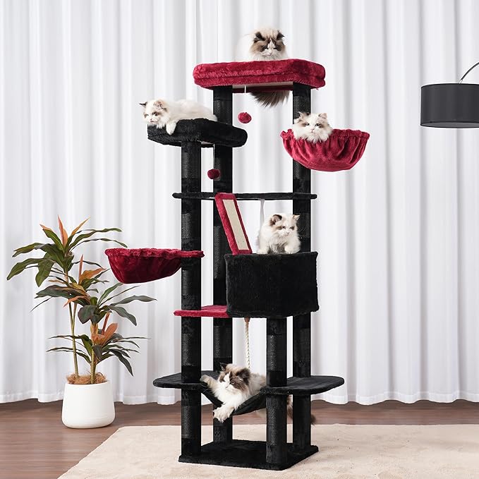 Heybly Cat Tree, 68 inch Multi-Level Cat Tower for Indoor Cats, 2 Widened Plush Perches Cat Condo with Scratching Board and Big Caves, Black and Red HCT025BR