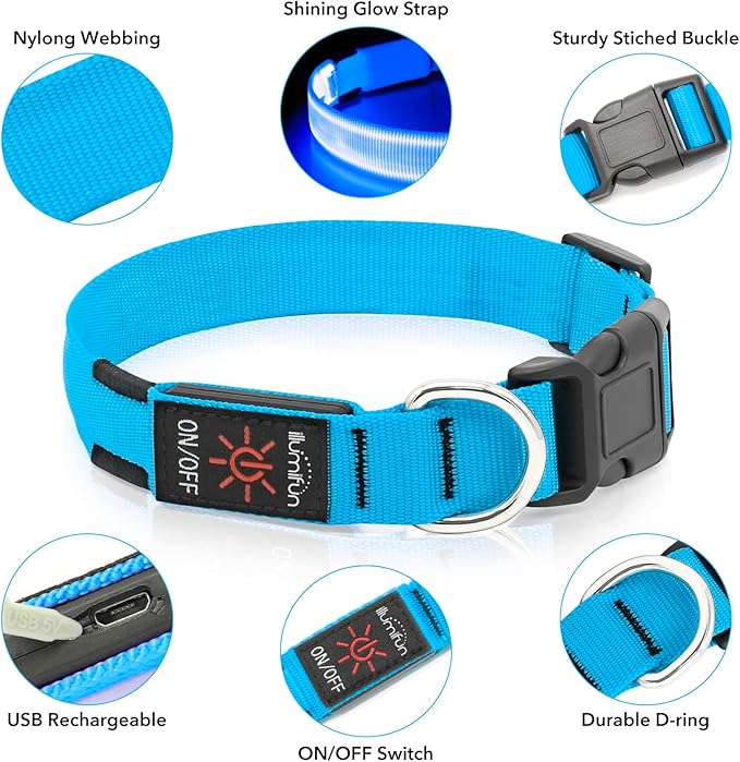Illumifun LED Dog Collar, USB Rechargeable Light Up Collar Glow in The Dark, Adjustable Safety Pet Light for Your Pups Walking at Night (Blue, Small)