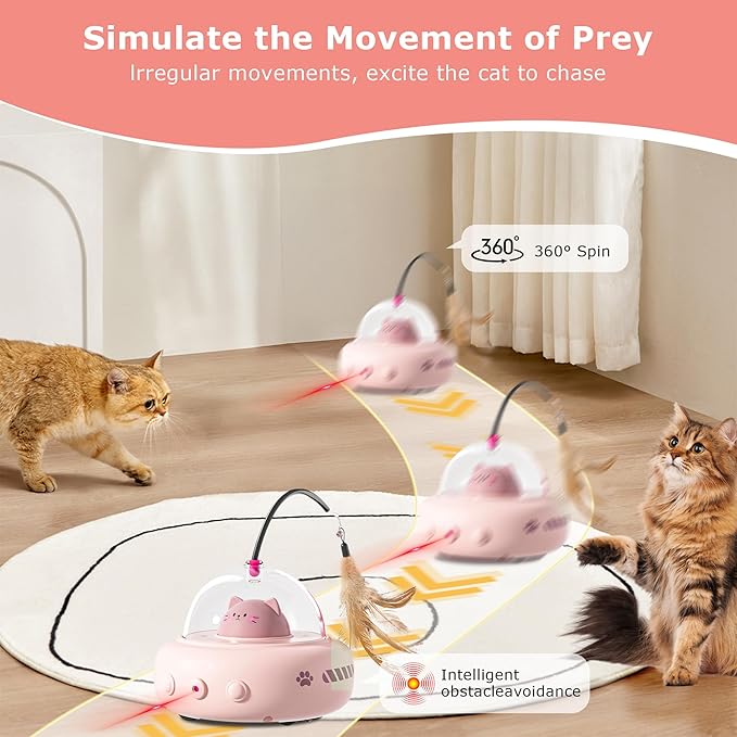 hooroor Laser Cat Toy for Indoor Cats,2 in 1 UFO-Vehicle Automatic Motion with Feather,Rechargeable Electronic Smart Sensor,Interactive Toys for Bored Cats/Kittens/Dogs,Ideal Gift (Pink Updated)