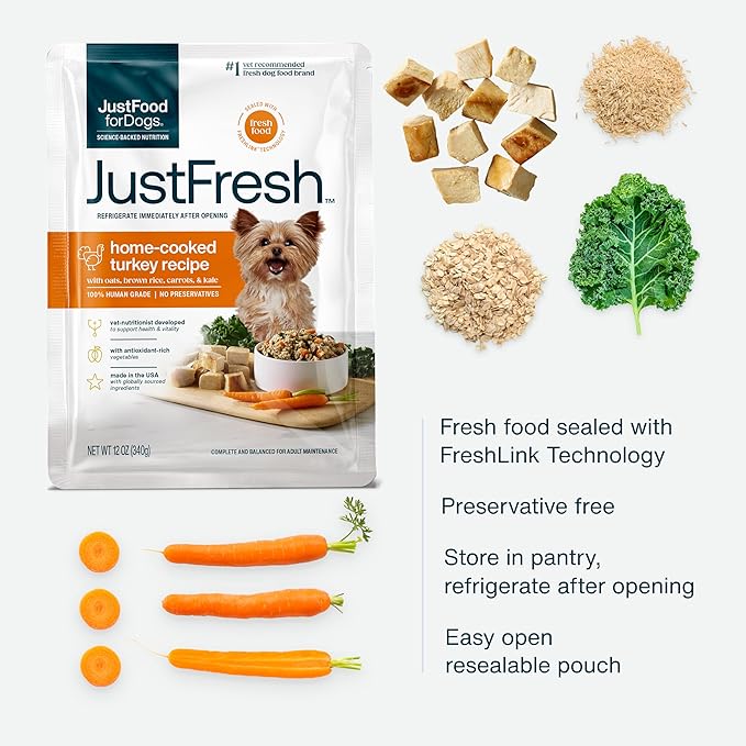 JustFoodForDogs JustFresh Home-Cooked Turkey Dog Food with No Preservatives, Resealable Packaging, Human Grade Wet Dog Food, 12 oz - 7 Pack