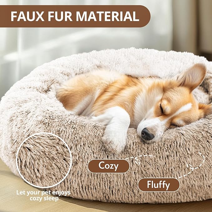 JOLLYVOGUE Calming Dog & Cat Bed for Small Dogs, Anti-Anxiety Donut Cuddler Cozy Soft Round Bed with Anti-Slip Bottom, Fluffy Faux Fur Plush Cushion Beds for Small Medium Dogs (20")