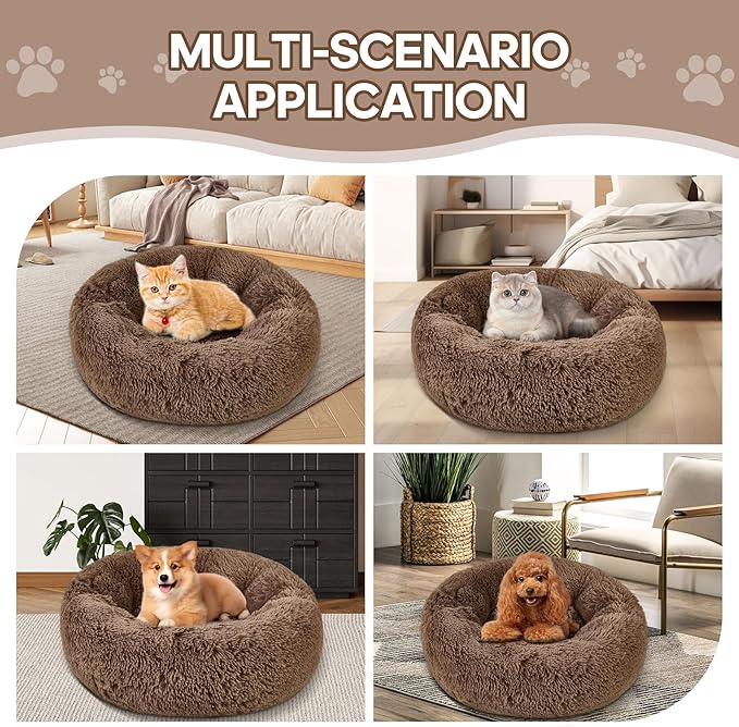 Calming Round Cute Cat & Dog Bed, Anti-Slip Washable Cozy Soft Round Pet Bed, Fluffy Faux Fur Plush Dog Cuddler Bed Fits up to 25 lbs Dogs and Cats(Donut Khaki, 24inch x 24inch)
