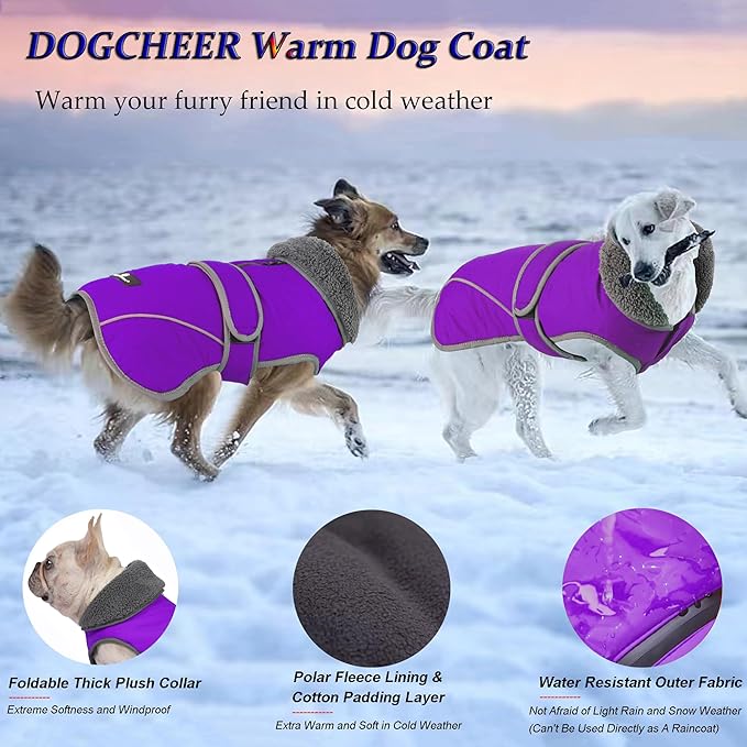 Dogcheer Dog Coat, Christmas Dog Jacket Waterproof Puppy Winter Coat for Cold Weather, Reflective Adjustable Pet Snow Jacket Warm Turtleneck Fleece Sweater for Small Medium Large Dogs - Purple, XL