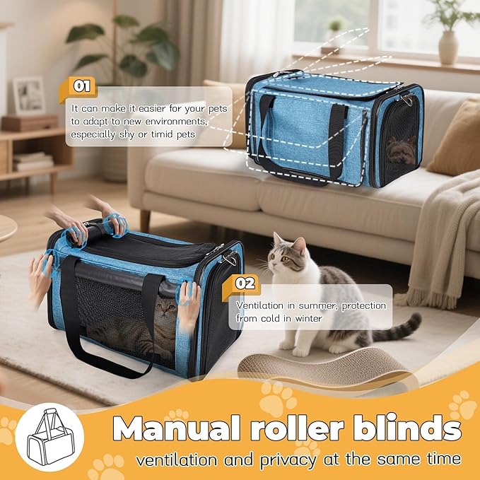 YUDODO 25 lbs Lightproof Airline Approved Cat Small Dog Carrier for Travel Bag Soft Sided Pet Puppy Carriers with Side Pockets & Reflective Mesh, Foldable Portable for Outdoor Car Large Lake Blue