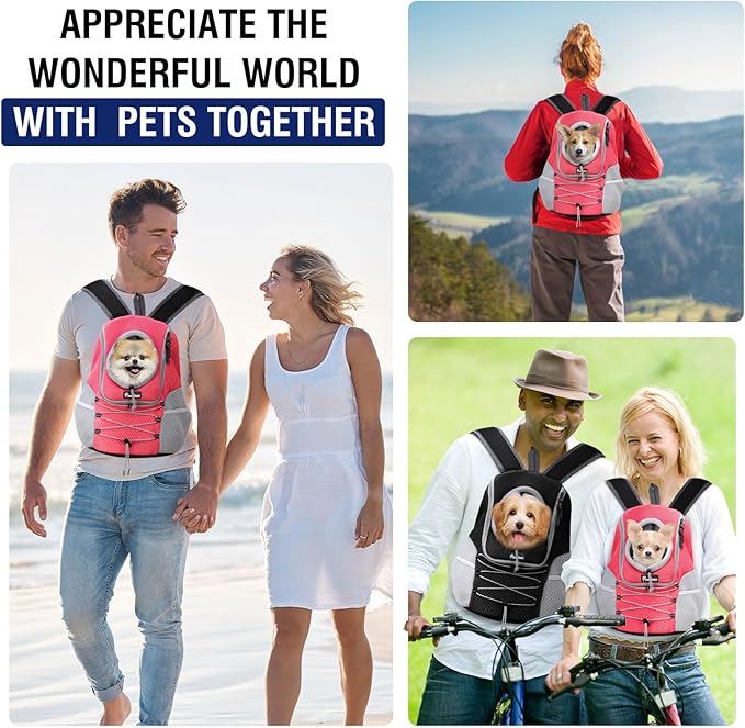 Pawaboo Pet Dog Carrier Backpack, Puppy Dog Travel Front Carrier for Small Medium Dogs Cats, Adjustable Breathable Dog Carrying Backpack with Safety Strips for Hiking, Walking (Pink M Up to 10 lbs)
