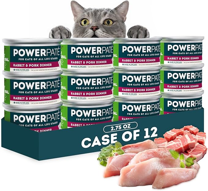 Only Natural Pet PowerPate Grain-Free Rabbit & Pork Wet Cat Food - High Protein, with Hydrating Broth - Healthy Balanced Nutrition for Kittens & Cats of All Life Stages, 2.75 oz Cans, Case of 12 (R)