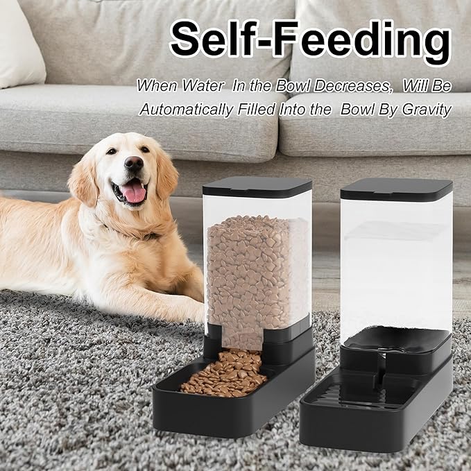 Automatic Cat Feeder and Water Dispenser in Set with Pet Food Bowl,Gravity Dog Waterer and Food Feeder for Small Medium Dog Cat Puppy Kitten Large Capacity(3.8L,Black)