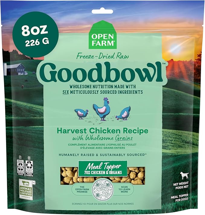 Open Farm Goodbowl Dog Food Topper, Freeze Dried Raw, Harvest Chicken & Wholesome Non-GMO Grains Recipe, 8oz Bag