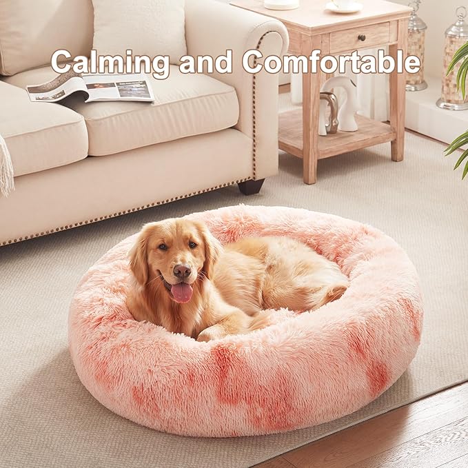 36 inches Donut Dog Bed for Large Dogs - Calming Fluffy Round Pet Bed with Removable & Washable Cover,Fits up to 100 lbs Pets (Tie-dye Pink,Large)
