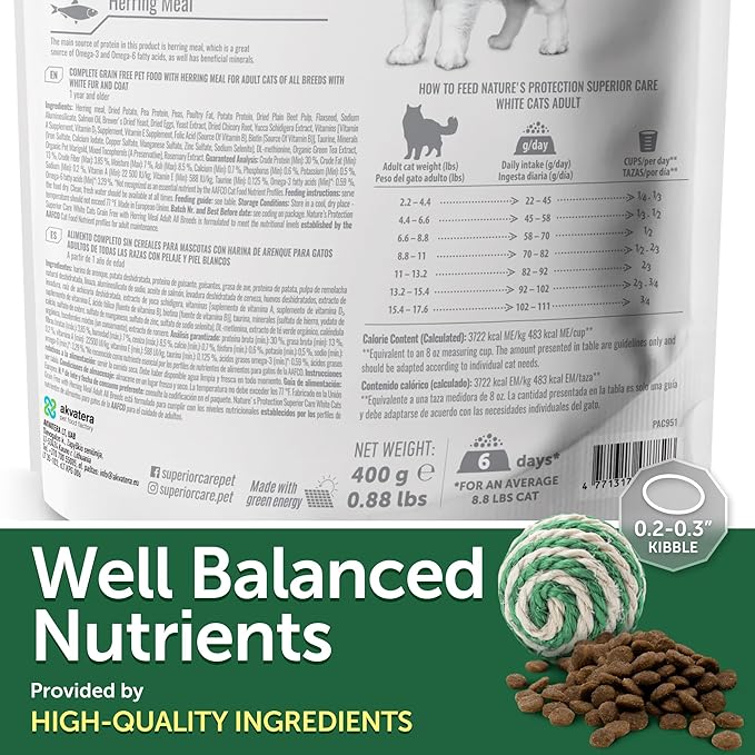 Nature's Protection Dry Cat Food - Adult Light Coated Cat Hard Kibble, Grain-Free Healthy Nutrition Indoor & Outdoor Hairball Care for Cats, 14.11 oz Bag