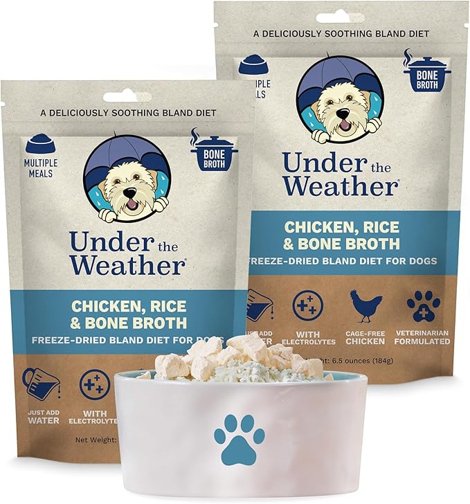 Under the Weather Bland Diet for Dogs | Easy to Digest for Sick Dogs |Always Be Ready| Contains Electrolytes - All Natural Freeze Dried 100% Human Grade Meats| 2 Pack- Chicken, Rice & Bone Broth - 6oz