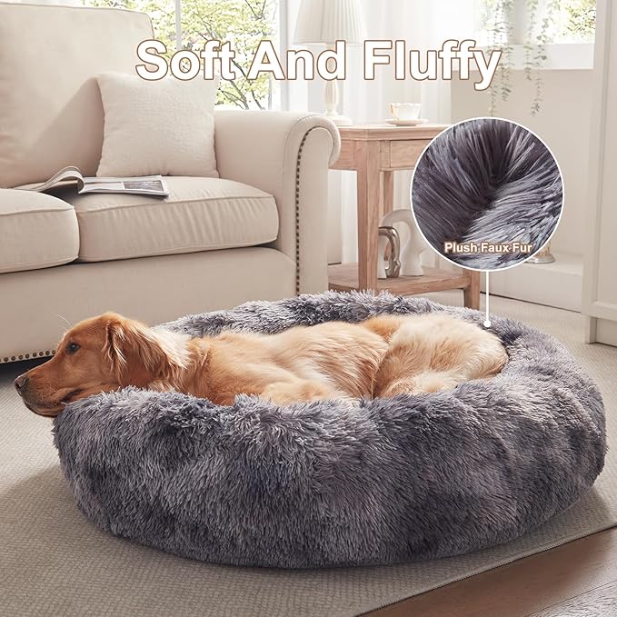 36 inches Donut Dog Bed for Large Dogs - Calming Fluffy Round Pet Bed with Removable & Washable Cover,Fits up to 100 lbs Pets (Tie-dye Grey,Large)