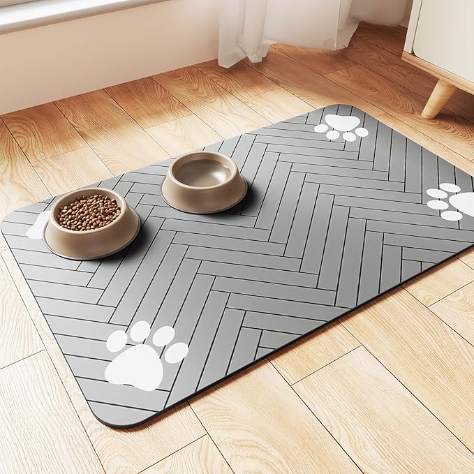Pet Feeding Mat-Absorbent Pet Placemat for Food and Water Bowl, with Waterproof Rubber Backing, Quick Dry Water Dispenser Mat for Dog and Cat (17"x27", Striped Light Gray)