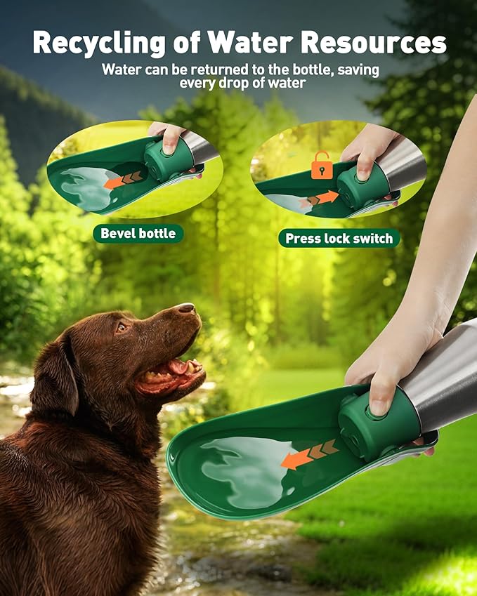 Portable Dog Water Bottle Bowl - 27 oz Travel Water Bowl Dispenser for Dogs, Stainless Steel Leak-Proof, A Must-Have for Outdoor, Camping, Walking, Beach, Hunting and Other Scenes (Green)