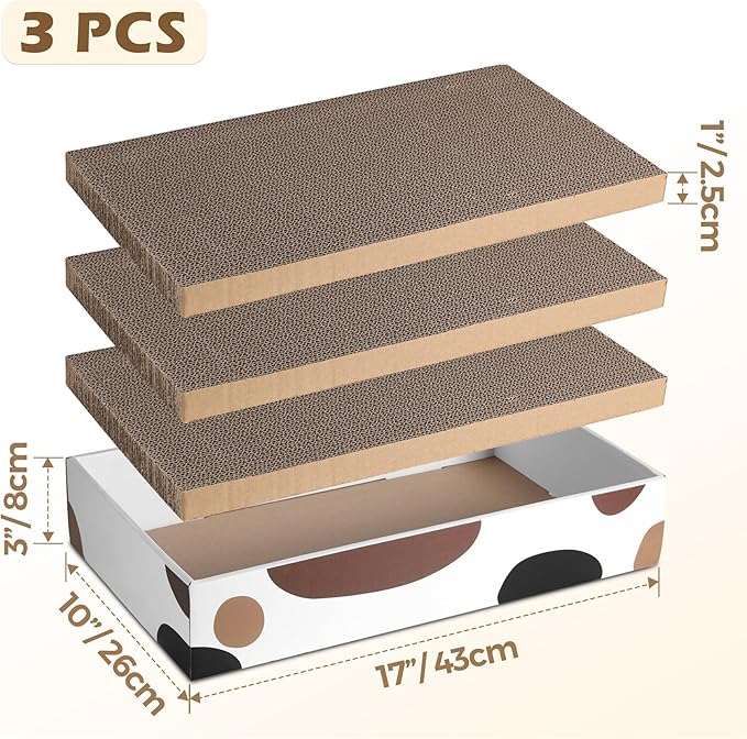 ComSaf Cat Scratcher Cardboard Indoor - 17"x10" Cat Refill Box with 3 Pcs Scratching Board Reversable Long Lasting Clawing Pad for Cats, Corrugate Scratchers Bed Sofa Couch Furniture Wall Protector