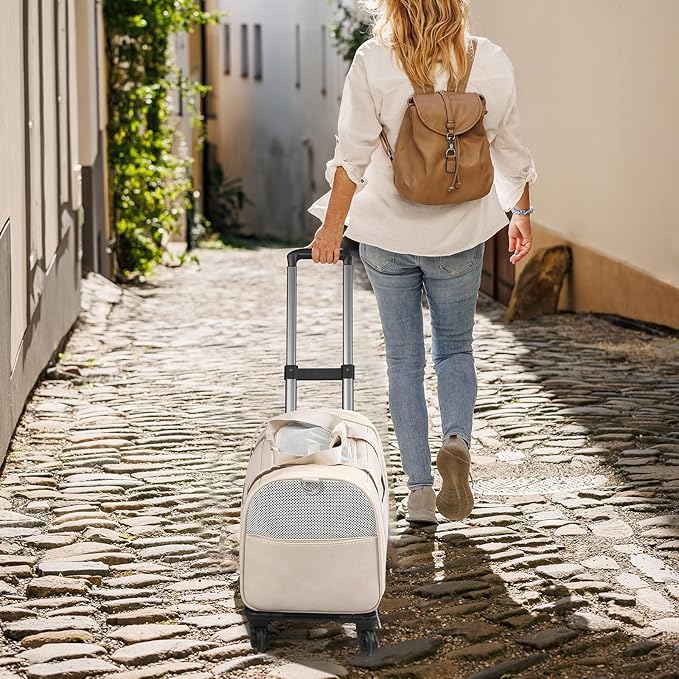 Leather Pet Carrier with Wheels, Airline Approved Travel Bag for Small Dogs & Cats Under 15 lbs, Rolling Pet Carrier for Airplane, Camping & Outdoor White