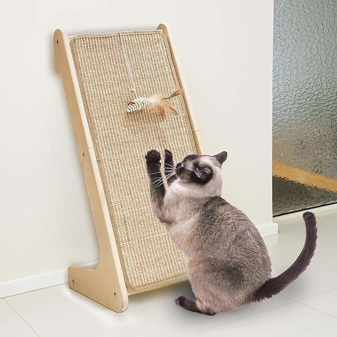 Meeyoview L Shape Cat Scratcher Ramp, 27'' Sisal Scratching Post, Vertical Cat Scratcher for Indoor Cats, Solid Wooden Scratch Board, Furniture Protector with Catnip