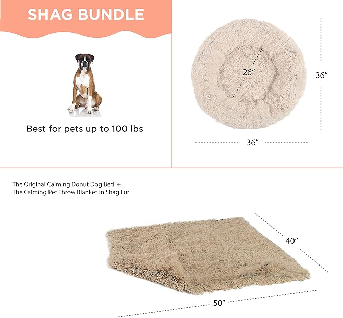 Best Friends by Sheri Bundle Set The Original Calming Shag Donut Cuddler Cat and Dog Bed + Pet Throw Blanket Taupe Large 36" x 36"