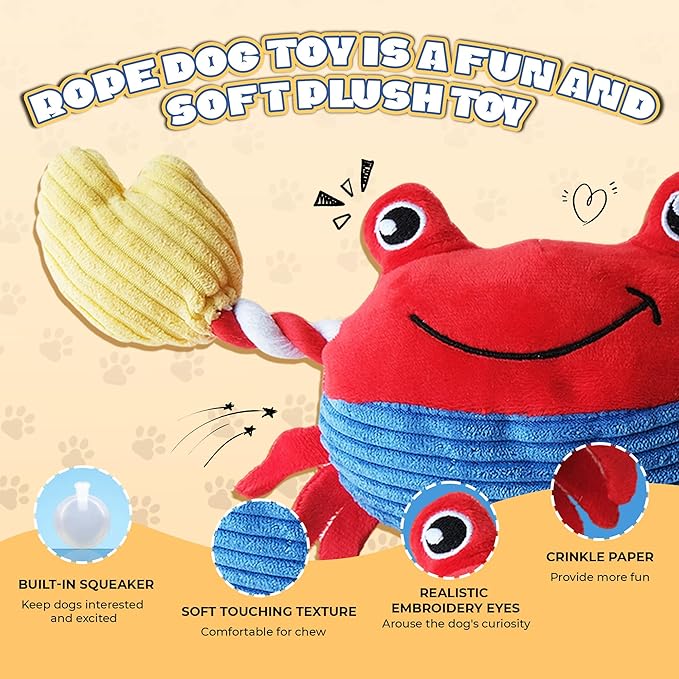 Squeak Plush Dog Toys for Small & Medium Breeds, Chew Resistant Rope to Keep Them Busy for Puppy Teething Chewing, Interactive Indoor/Outdoor Play, Best Pet Gift, Crab