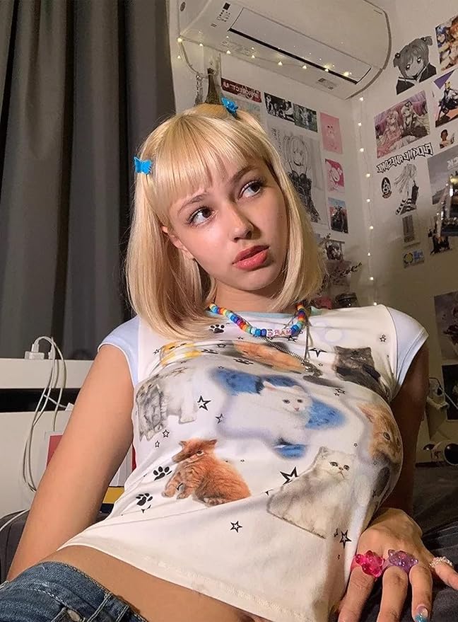 Womens Short Sleeve Cat Graphic Y2k T Shirts Summer Tees Tops for Teen Girls