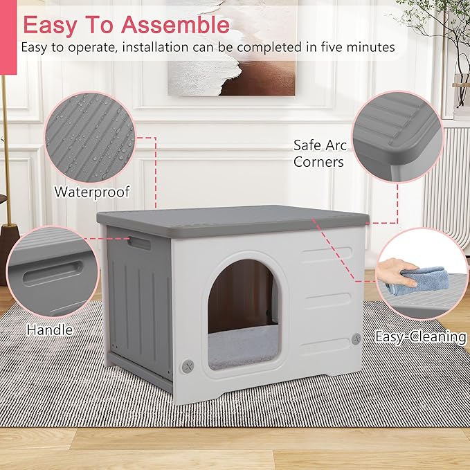 Plastic Cat House Outdoor & Indoor, Waterproof Feral Cat Houses with Escape Door, Sturdy Outdoor Cat House with Bed Mat, Outside Cat Shelter for Small Pet, Assemble and Clean Easily-Grey