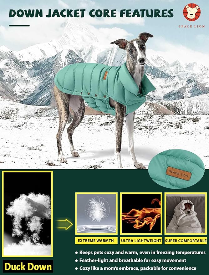 SPACE LION Puffer Jacket, Down Winter Coat, Waterproof, Windproof, Lightweight Jacket, Adjustable Fit for Medium, Large Dogs(Green,XL)