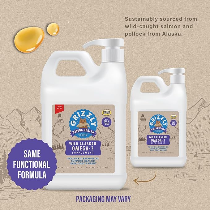 Grizzly Pet Products Omega Health Liquid Omega-3 Supplement for Dogs and Cats, 64 Ounce Jug