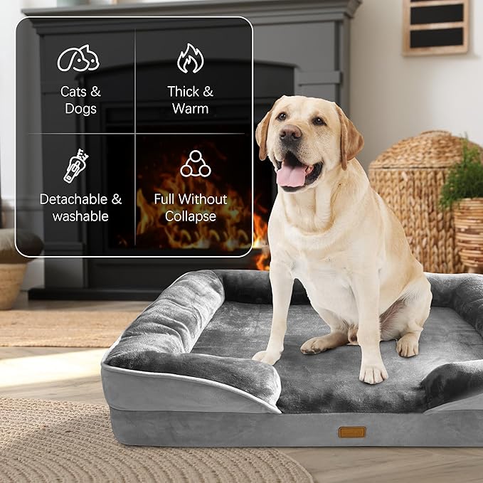 Orthopedic Dog Bed with Sides - Dog Sofa Beds for Extra Large Dogs, Supportive Foam Pet Couch Bed with Washable Removable Cover, Waterproof Lining and Non-Slip Bottom, Grey - XL
