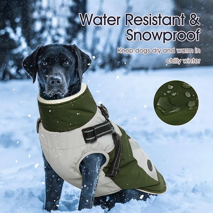 IECOii Dog Coat for Large Dogs Waterproof Dog Winter Jacket with Harness Built in, Green - XXLarge, Thermal Warm Fleece Lined, Reflective Dogs Jackets for Cold Weather Camping, Hiking, Pitbull