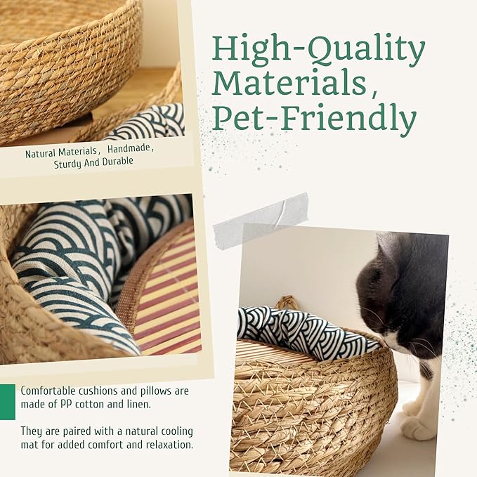 Woven Cat Bed for Indoor Cat,Straw Cat Nest- Wicker Bed for Cat/Dog/Pet with Cushion, Pillow, and Bamboo Mat - Handmade Cat House - Large Cat Basket Bed, Rattan Cat Bed