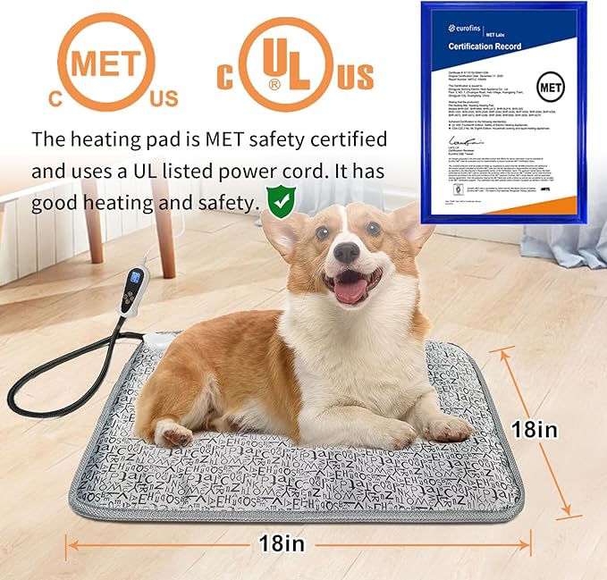 Cat Heating Pad 18x18in, Pet Heating Pad for Cats Heated Cat Pad with Timer(1-24H),Waterproof Heated Cat Blanket with Chew Resistant Steel Cord