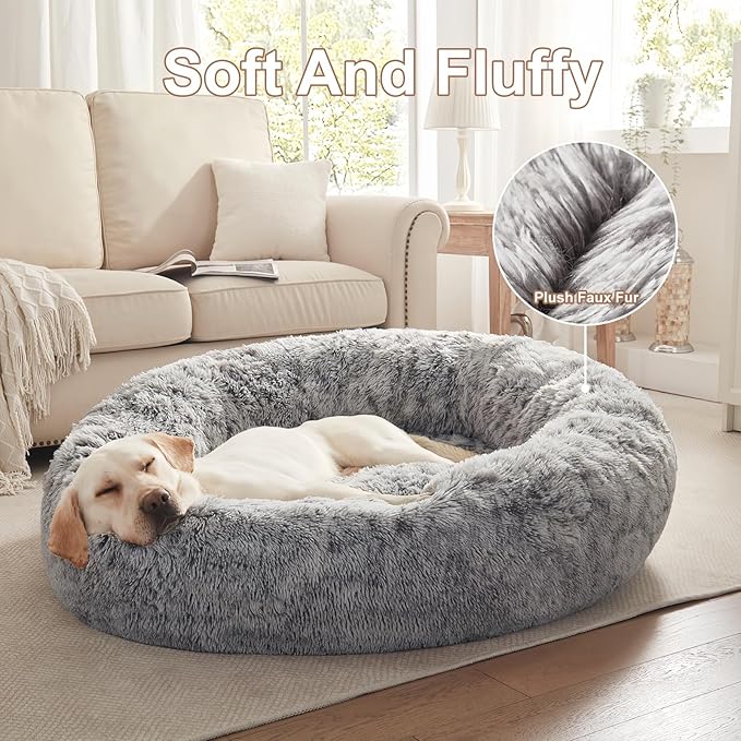 45 inches Donut Dog Bed for Extra Large Dogs,Calming Fluffy Round Jumbo Pet Bed with Removable & Washable Cover, Fits up to 150 lbs Pets (Dark Grey,XL)