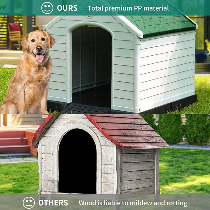 YITAHOME Large Plastic Dog House Outdoor Indoor Doghouse Puppy Shelter Water Resistant Easy Assembly Sturdy Dog Kennel with Air Vents and Elevated Floor