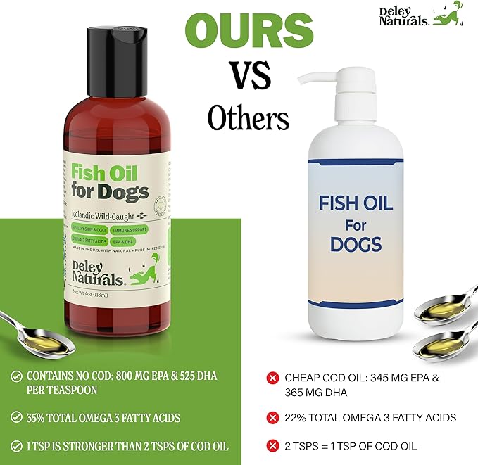 Deley Naturals Dog Fish Oil Icelandic 2X Omega - Dog Itching Skin Relief with Omega 3 6 9 for Allergies, Coat & Heart - Omega 3 Fish Oil for Dogs Skin Irritation - 4oz Omega Oil for Dogs Made in USA