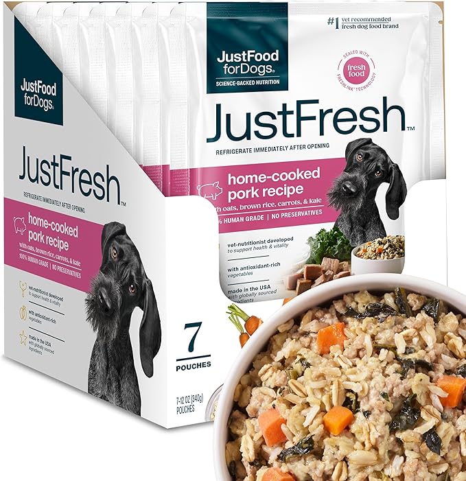 JustFoodForDogs JustFresh Home-Cooked Pork Dog Food with No Preservatives, Resealable Package, Human Grade Wet Dog Food, 12 oz - 7 Pack