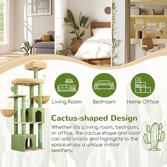Globlazer Sturdy Cat Tree, 68-inch Large Cat Tower for Indoor Adult Cats 20 lbs Heavy Duty Cat Tree for Big Cats with Extra Large Platform, 5 Scratching Post, S68, Green