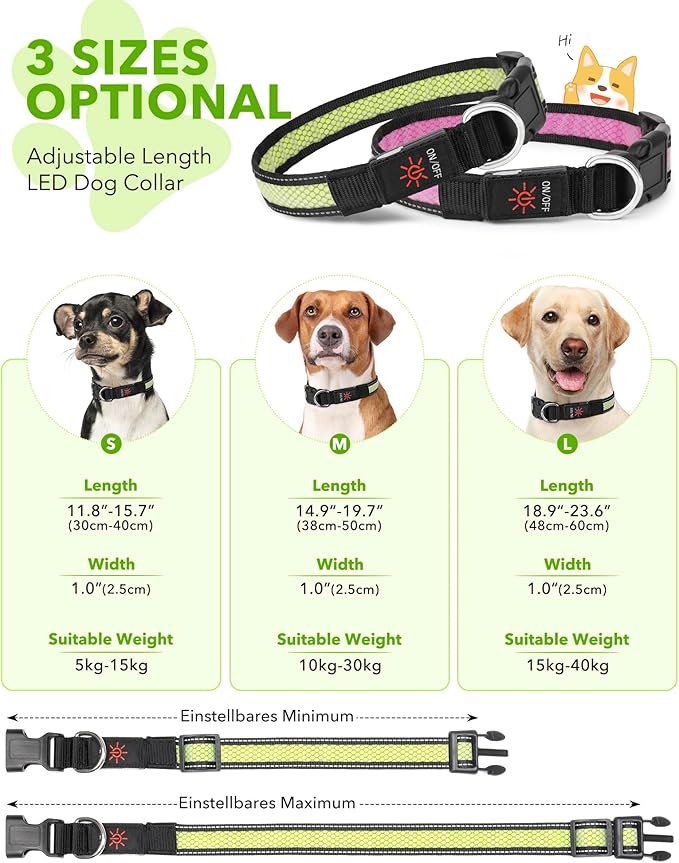 Weesiber Light Up Dog Collar - LED Dog Collar Rechargeable Glow in The Dark Reflective Pet Collar, Safety Doggy Lights for Night Walking(Green, M)