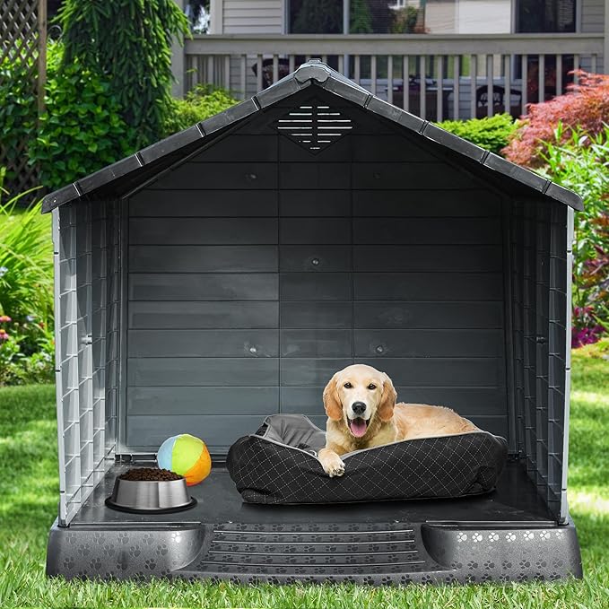 YITAHOME Large Plastic Dog House Outdoor Indoor Doghouse Puppy Shelter Water Resistant Easy Assembly Sturdy Dog Kennel with Air Vents and Elevated Floor