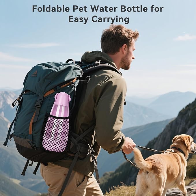 UPSKY Dog Water Bottle | Portable & Foldable Dog Water Bottle | 3-in-1 Portable Pet Water Dispenser with Food Container & Poop Scooper for Outdoor Walking, Hiking & Travel,14.2oz(Pink)