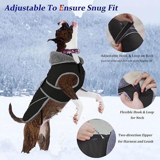 Dogcheer Dog Coat, Christmas Dog Jacket Waterproof Puppy Winter Coat for Cold Weather, Reflective Adjustable Pet Snow Jacket Warm Turtleneck Fleece Sweater for Small Medium Large Dogs - Black, 3XL