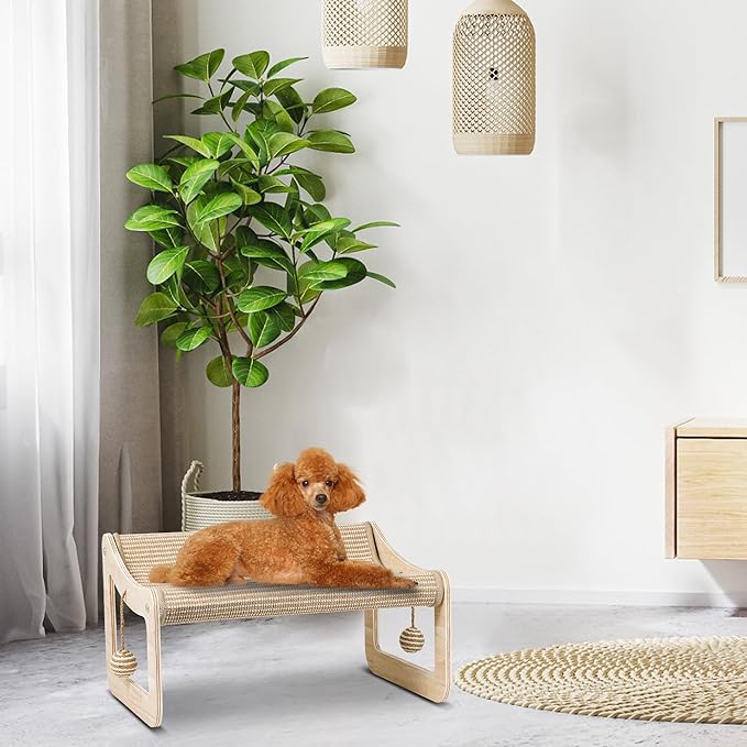 Sisal Cat Scratcher Bed for Indoor Cats,Hammock for Scratching Pad, 2 in 1 Elevated Cat Sisal Chair with 2 Toys Ball for Scratcher Lounge,Kitty Bench,Small Dog Bed,Natural Lounger Chair