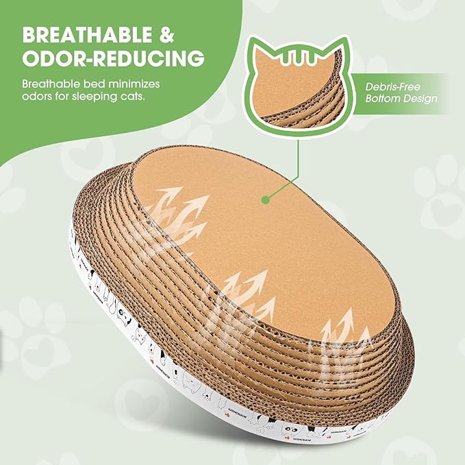 4PCS 2 Corrugated Cat Scratcher Lounge Bowl,1 Scratching Pad Cardboard with House,1 Brush, Oval Cat Bed for 2 Cats, Scratch Board for Cats, Cute Round Cat Lounger Scratcher for Furniture Protection