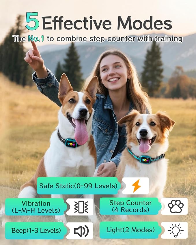 Dog Training Collar with Remote 2 Dogs - 4200FT Step Counter & Smart Color Screen Dog Collar with 5 Modes, IP67 Waterproof Rechargeable E-Collar for Large Medium Small Dogs