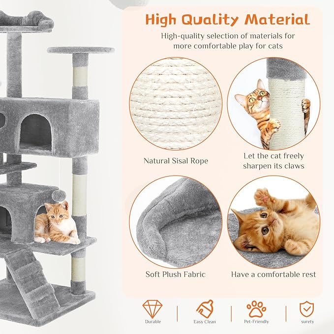 Sweetcrispy 54 Inch Cat Tree Tower, Multi-Level with Cat Scratching Post, Indoor Cat Condo with Climbing Ladder, Plush Toy, Play House for Cat, Light Grey