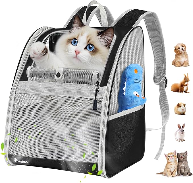 Pawaboo Cat Carrier Backpack, Pet Carrier Backpack for Kitties Small Dogs Puppies, Breathable Cat Bag Carrier, Small Dog Travel Backpack Carrier for Kitten Puppy Bunny - Black (up to 22lbs)