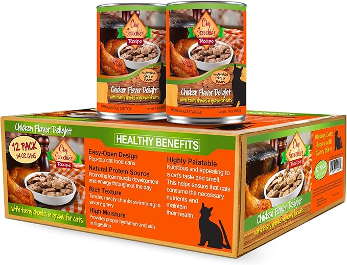 Chef Scoochie's Tender Chicken Chunks in Gravy Wet Cat Food - Easy Open Pop-Top Cans - Protein & Essential Nutrients - Gourmet Meal for Indoor & Outdoor Cats 12 Cans (14 oz e.)